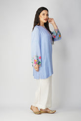 Tranquil Sky Modal Satin A-line Kurta with Colorful Appliqué